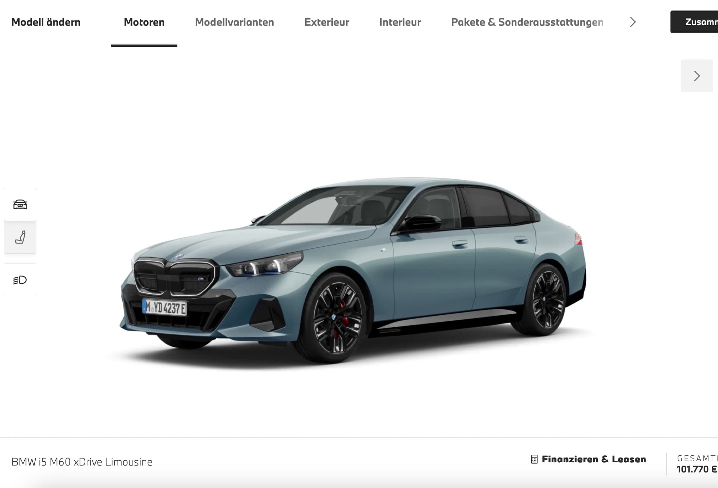 Motor-Auswahl im Konfigurator für eine BMW i5 M60 xDrive Limousine.