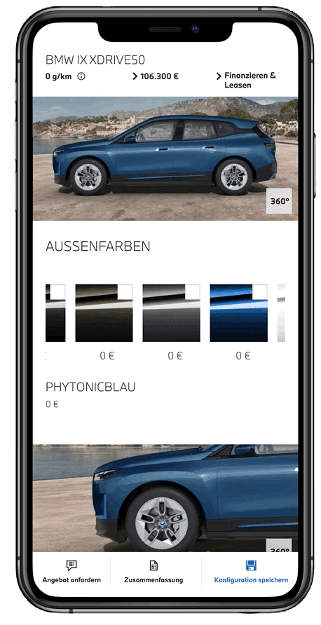 Mobiler Konfigurator für den BMW iX xDrive50 mit Außenfarben.