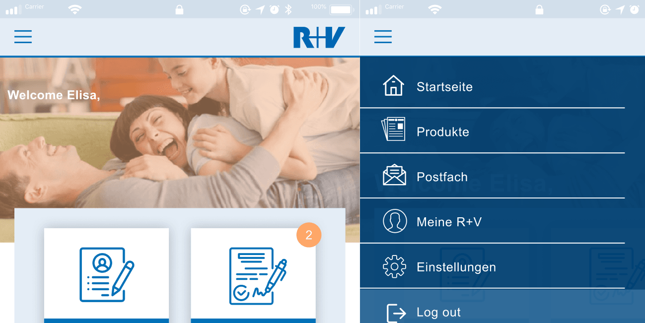 Begrüßungsbildschirm der R+V App neben dem Menü mit Startseite, Produkte, Postfach, Meine R+V, Einstellungen und Log out.