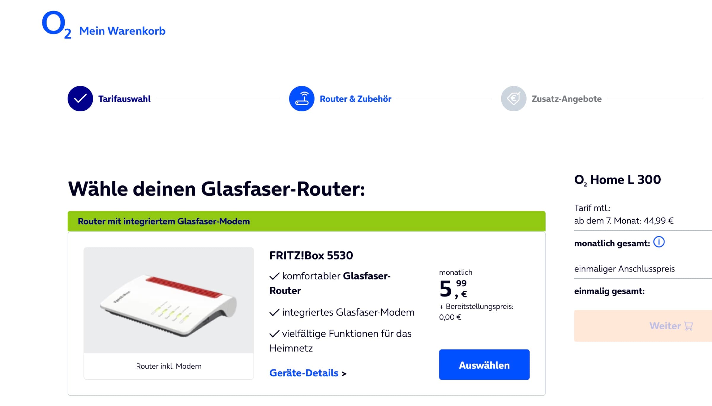 Auswahl des Glasfaser-Routers im O2-Checkout.