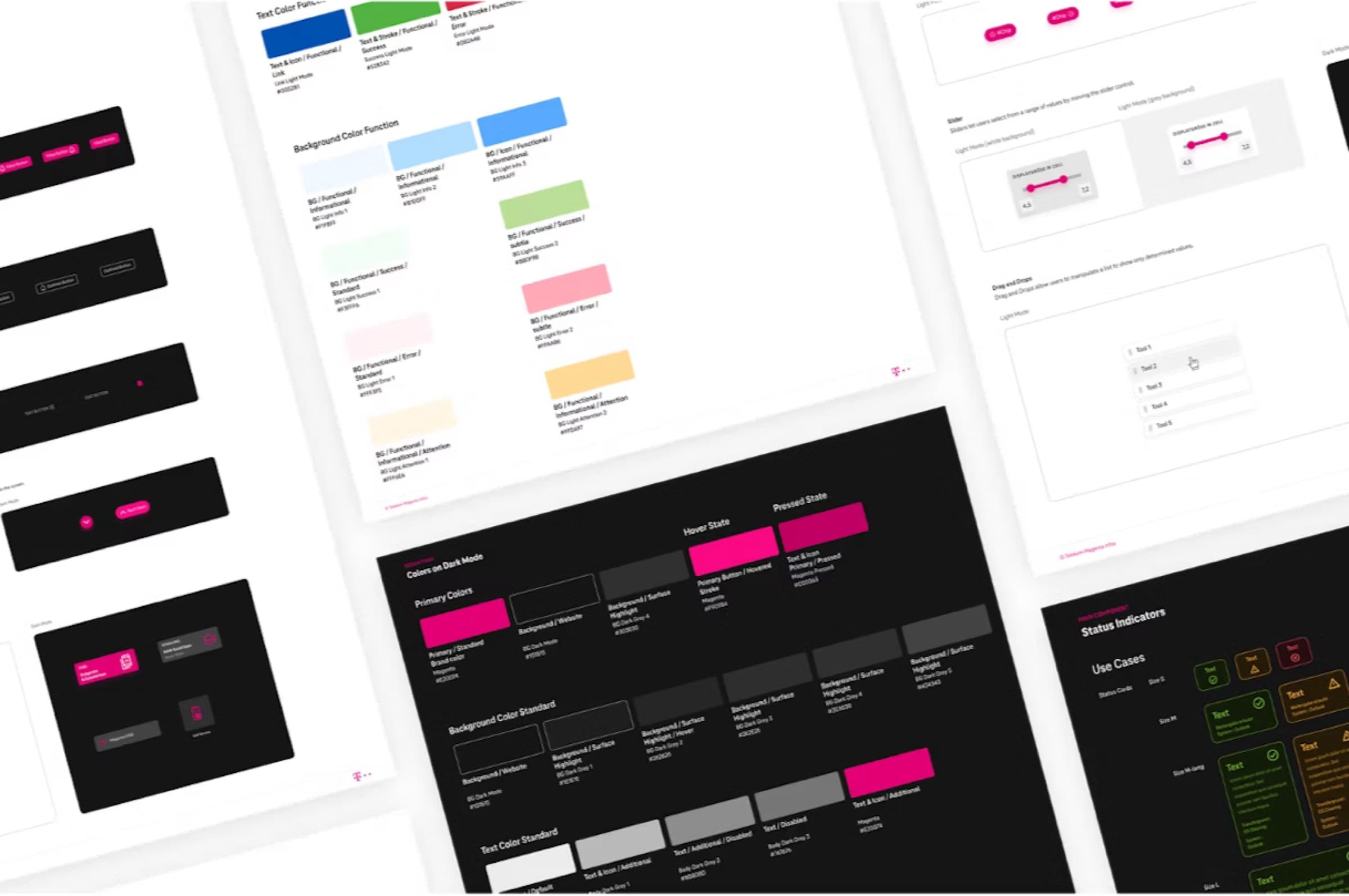 Dokumentation des Designsystems: Farb-Tokens, Buttons und Komponenten im hellen und dunklen Theme.