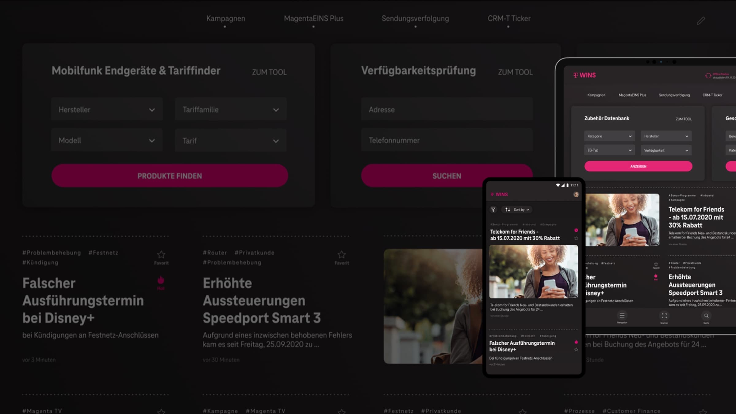 Magenta Infos Screens: Geräte- und Tariffinder, Verfügbarkeitsprüfung und News-Artikel auf Desktop, Tablet und Mobile.