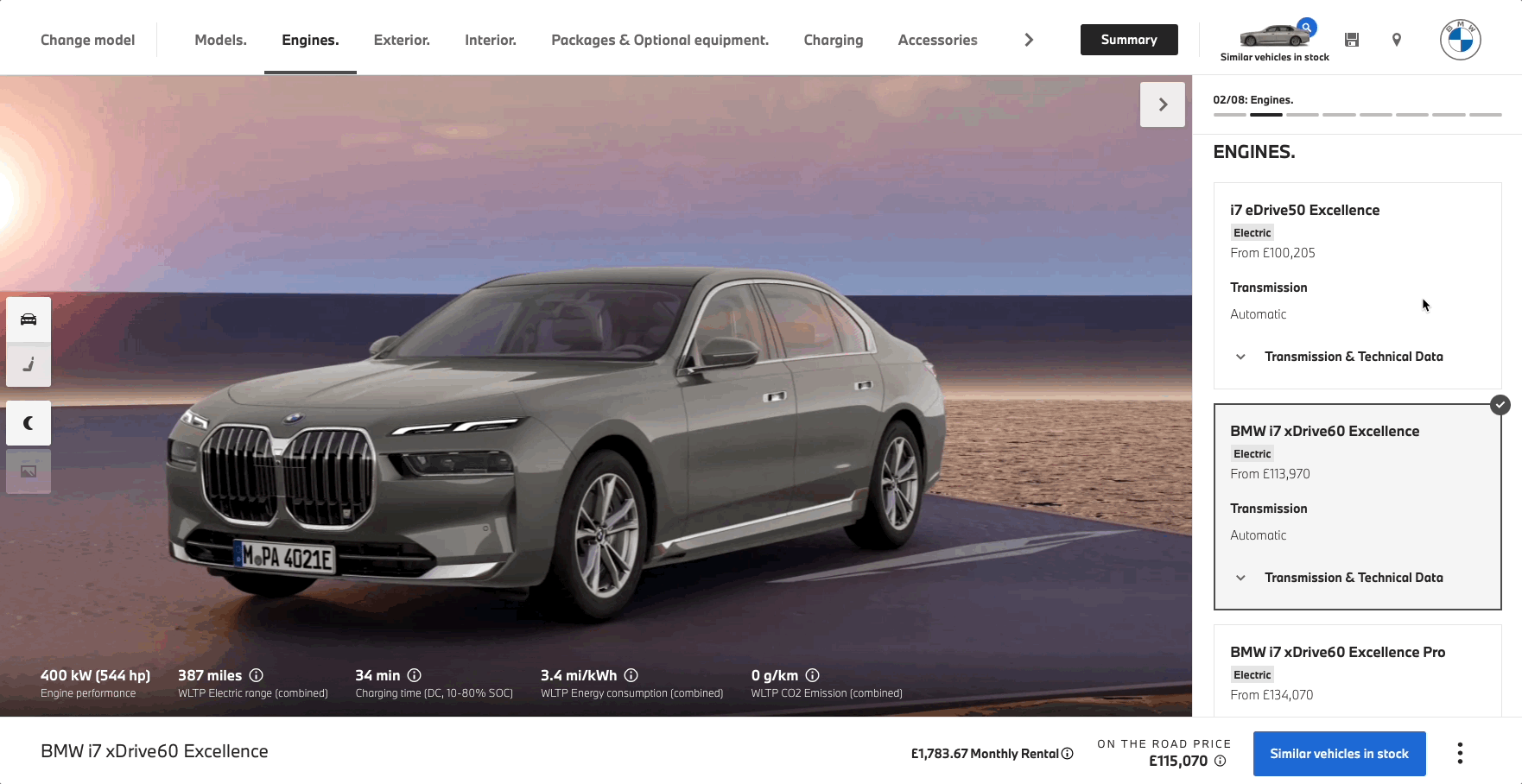 Animation des Konfigurators: Motoren durchsuchen und zwischen Varianten des BMW i7 wechseln.